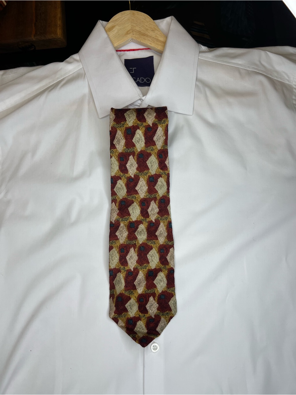 Ermenegildo Zegna Geometric Pattern Tie In Burgundy, Gold And Cream